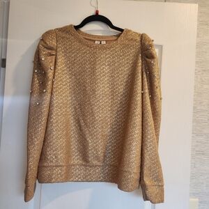 Cato Collection Gold Textured Blouse with Rhinestone Accents Size S BNWT